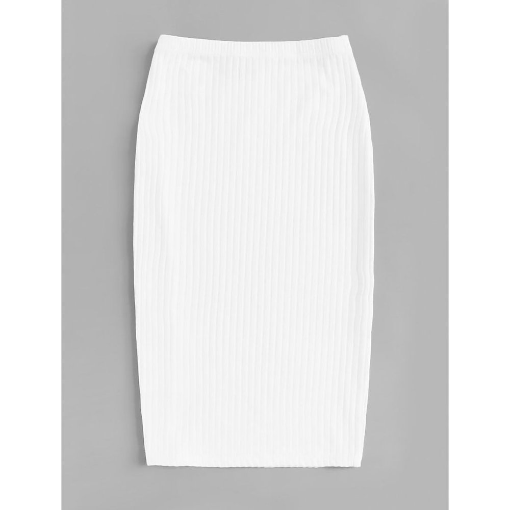 White High Waist Ribbed Side Slit Midi Skirt - Picture 2 of 6